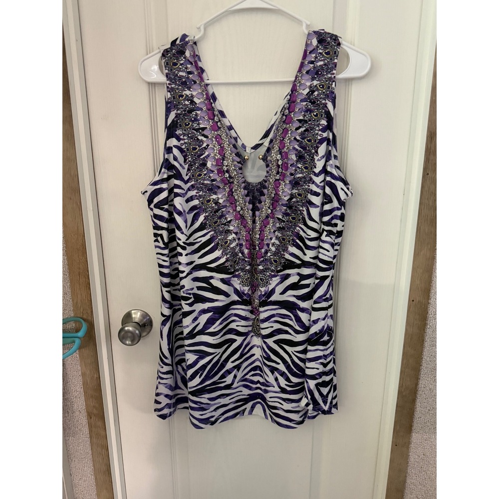 Avenue Purple Zebra Animal Print Embellished V-Neck Sleeveless Top Womens 18